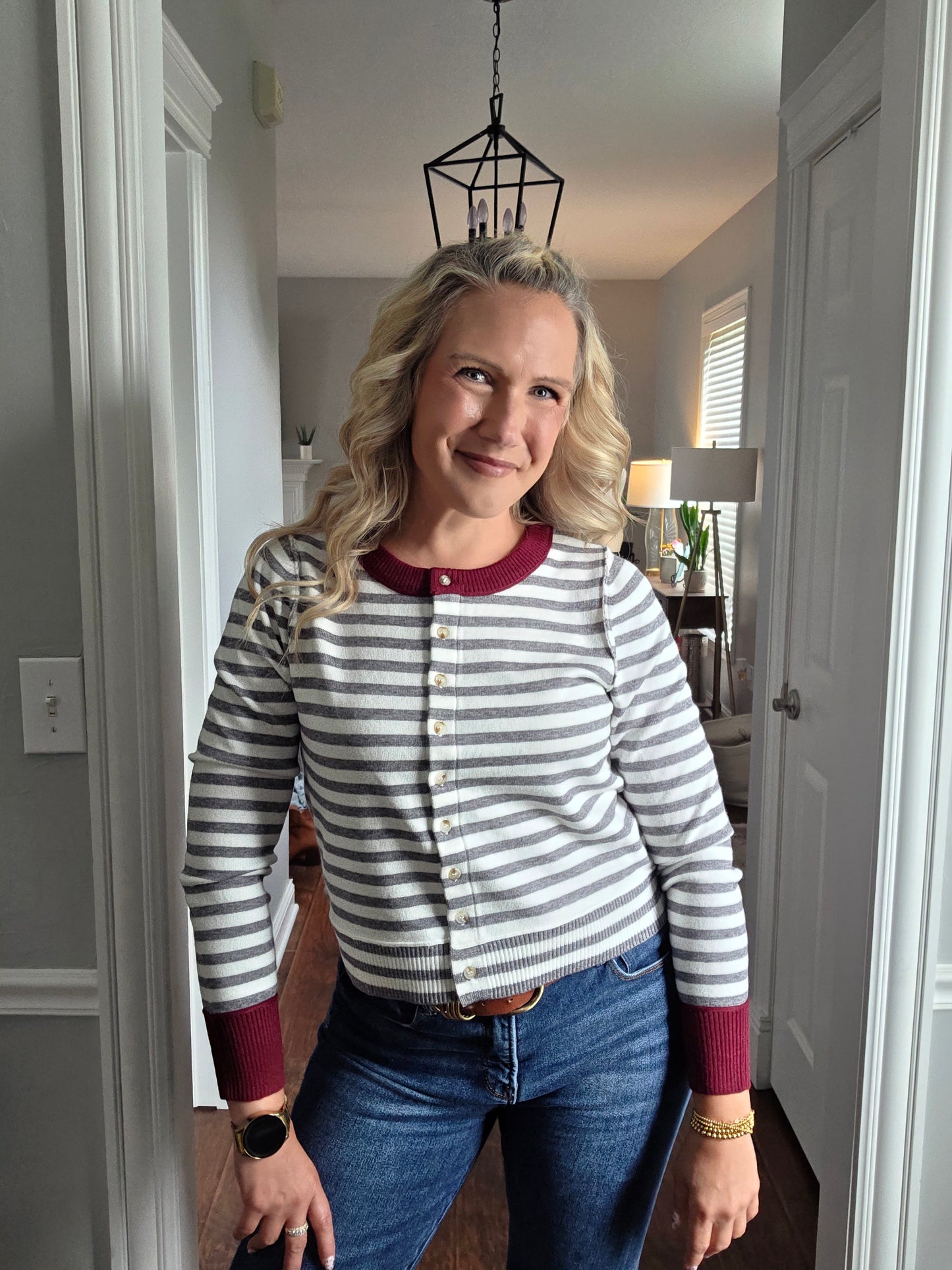 Heather Grey & Off White Striped Cardigan