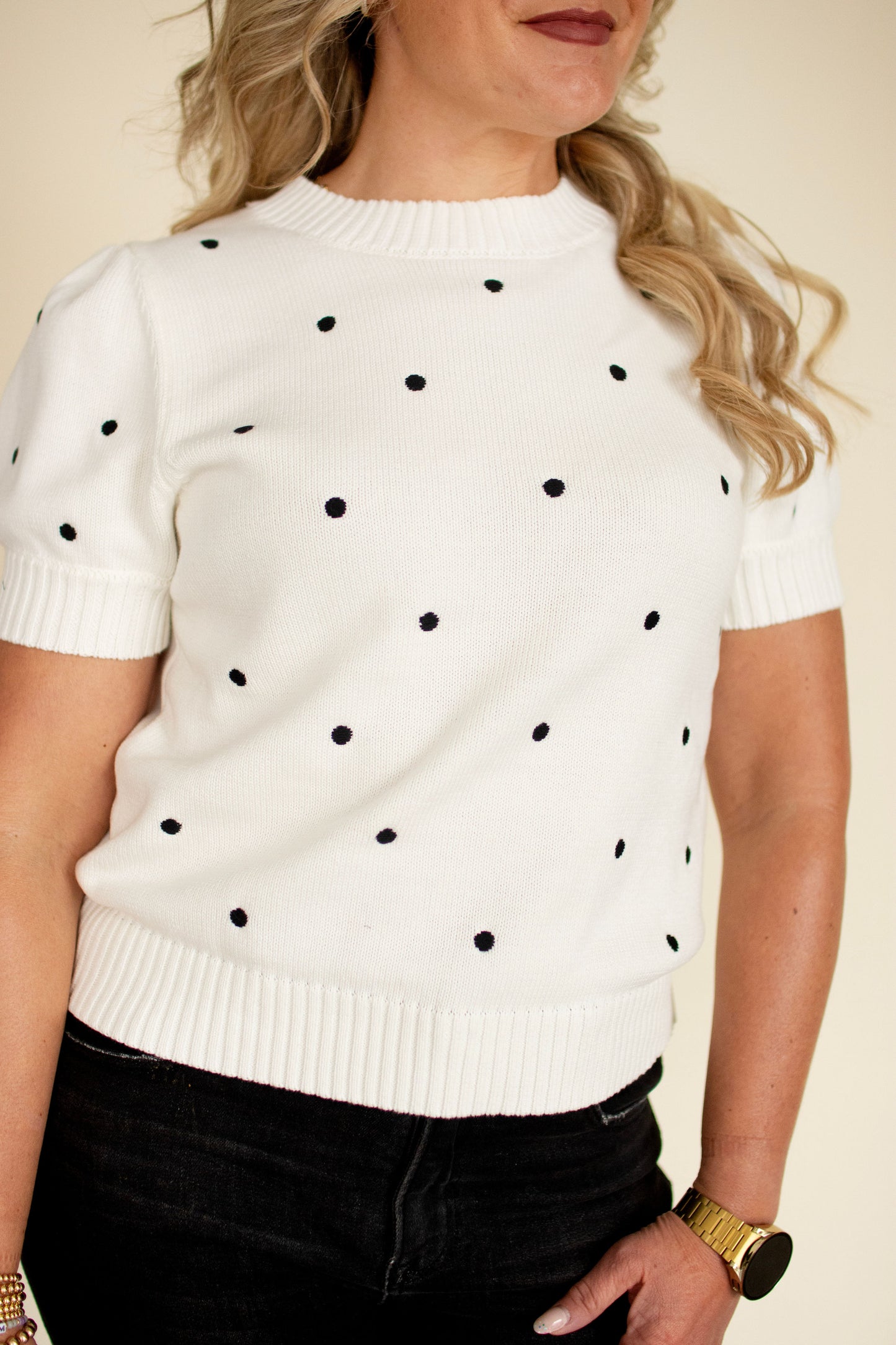 Off White Polka Dot Puff Sleeve Top