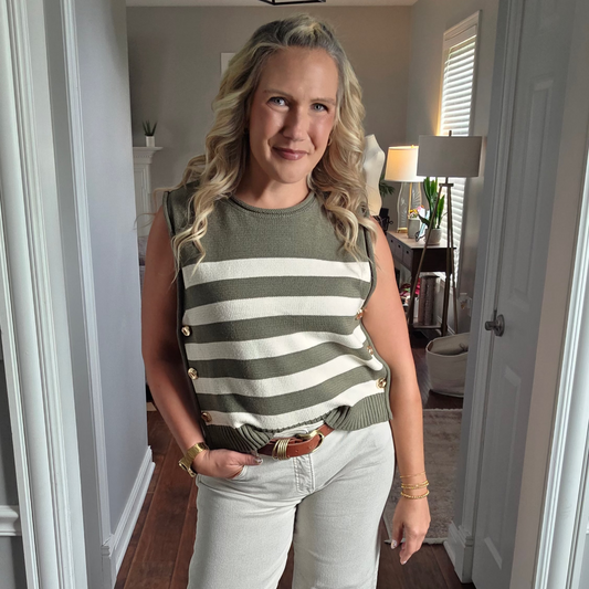 Olive Striped Sleeveless Knit Top