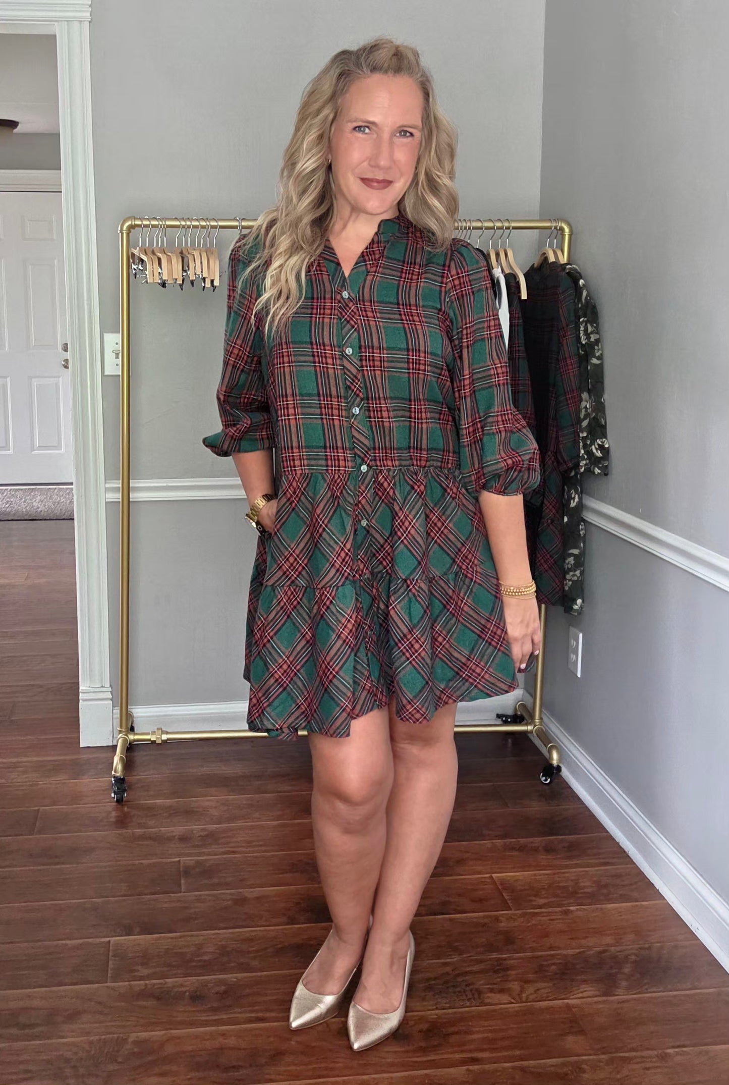 Green Tartan Plaid Tiered Button-Down Dress