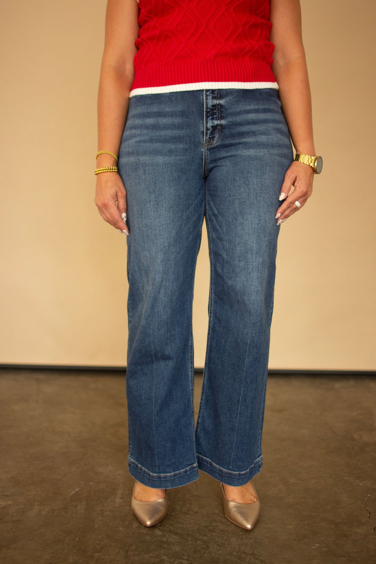 RISEN Dark High Rise Relaxed Straight Leg Ankle Length Jeans w/ Front Welt Pocket