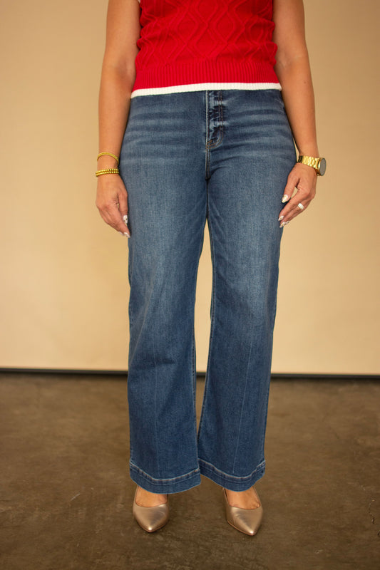RISEN Dark High Rise Relaxed Straight Leg Ankle Length Jeans w/ Front Welt Pocket