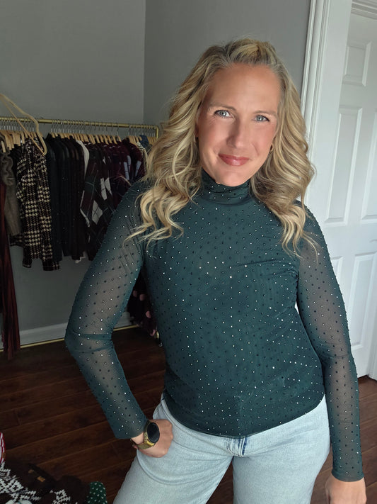 Hunter Green Embellised Mock Neck Sheer Top