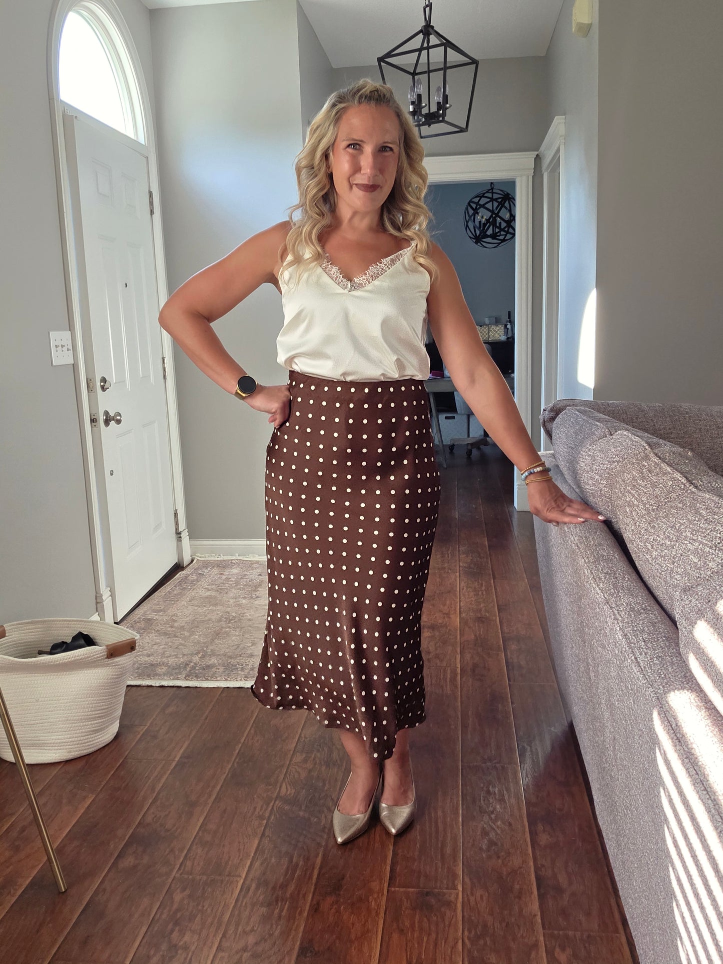 Brown Midi Skirt w/ Polka Dots
