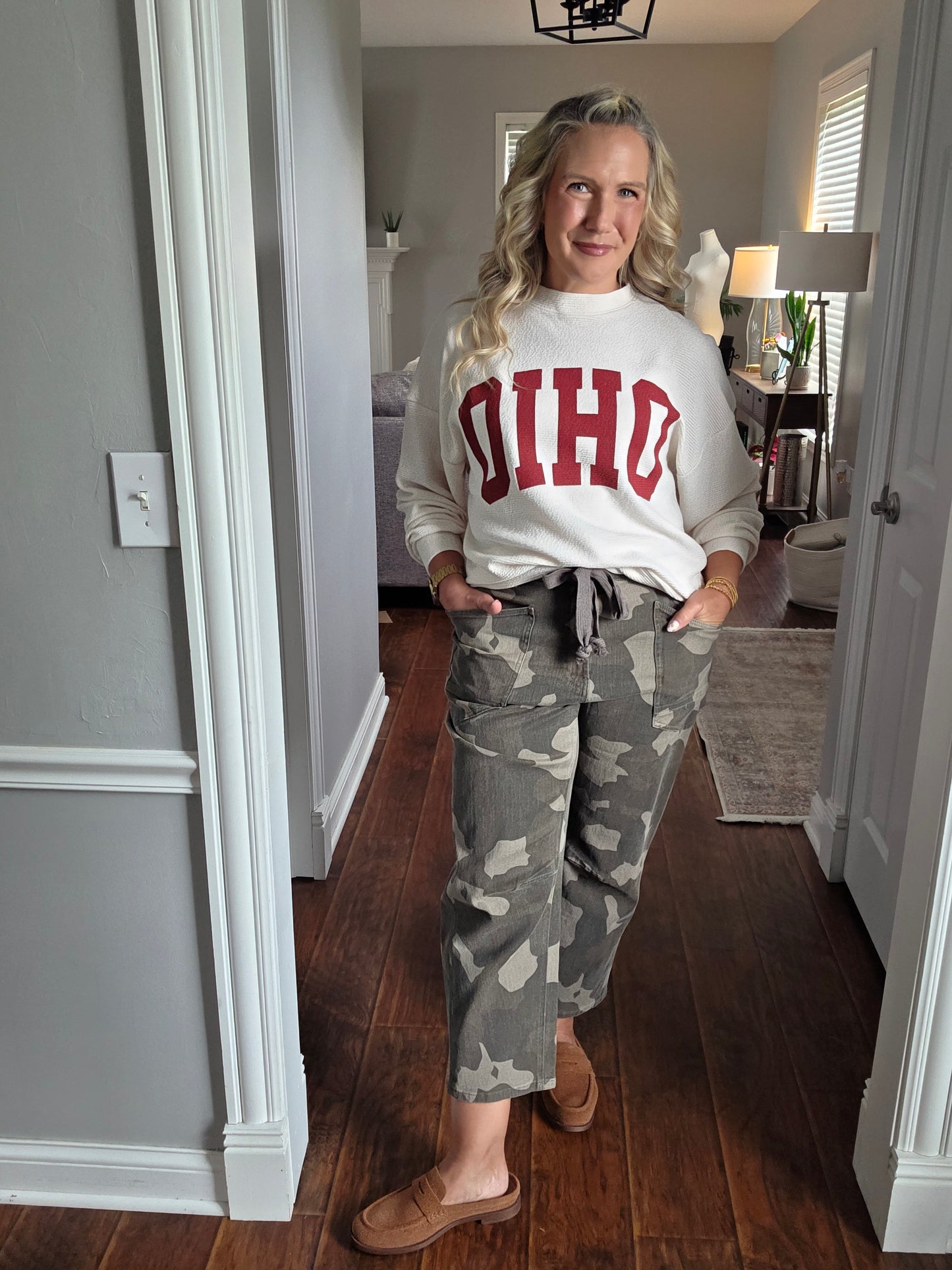 Camo Print Pants w/ Drawstring Belt