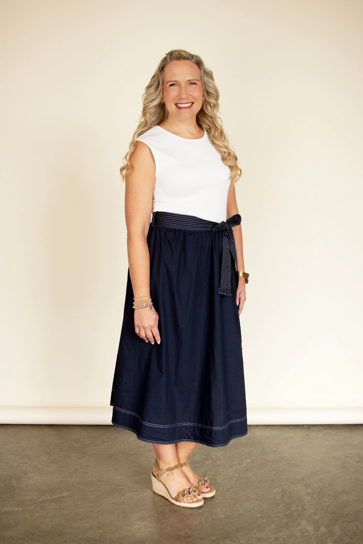Navy Blue Color Block Midi Dress