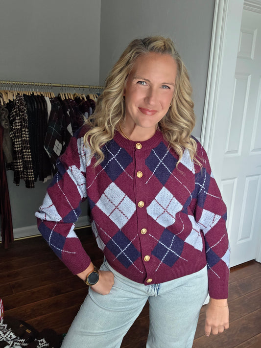 Wine Argyle Cardigan w/ Gold Buttons