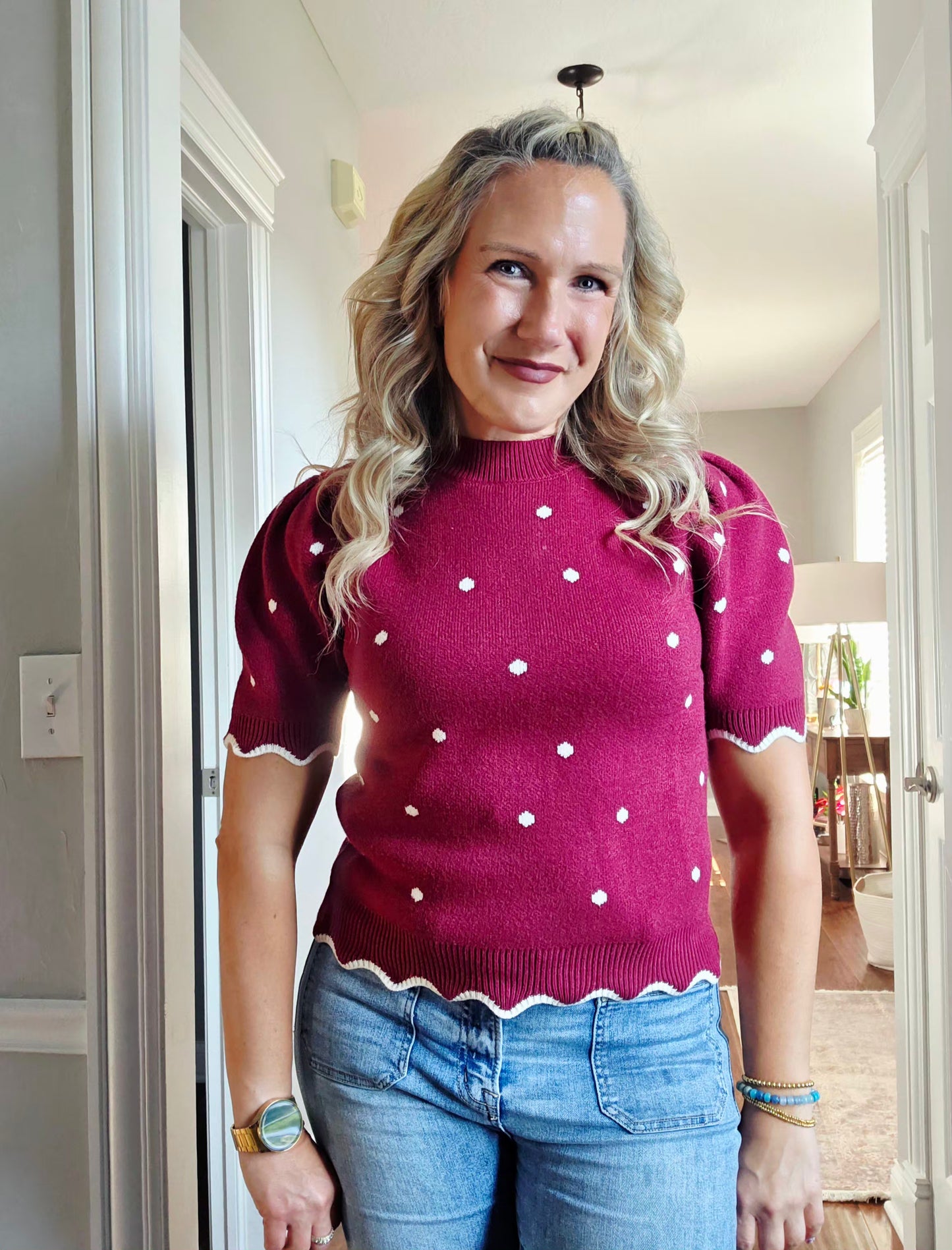 Wine Scallop Edge Polka Dot Top