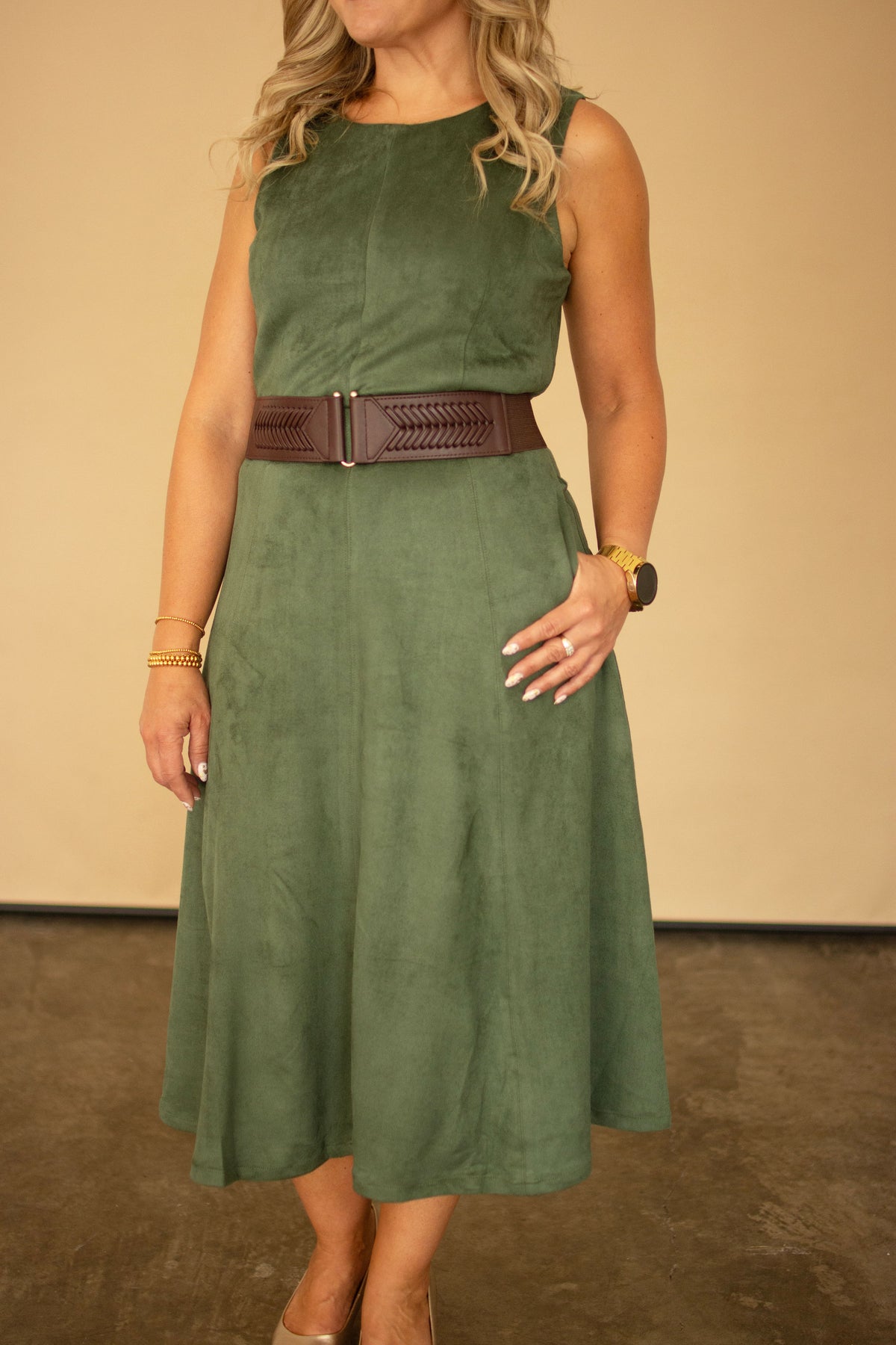 Green Faux Suede Sleeveless Midi Dress