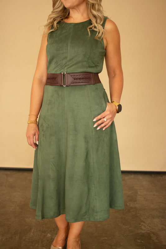 Green Faux Suede Sleeveless Midi Dress