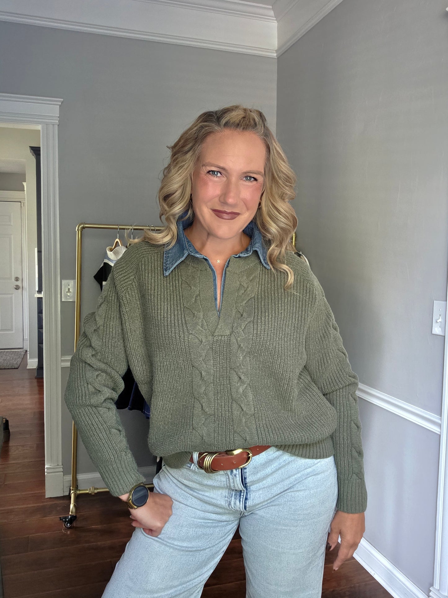 Olive Cable Knit Sweater w/ Denim Collar