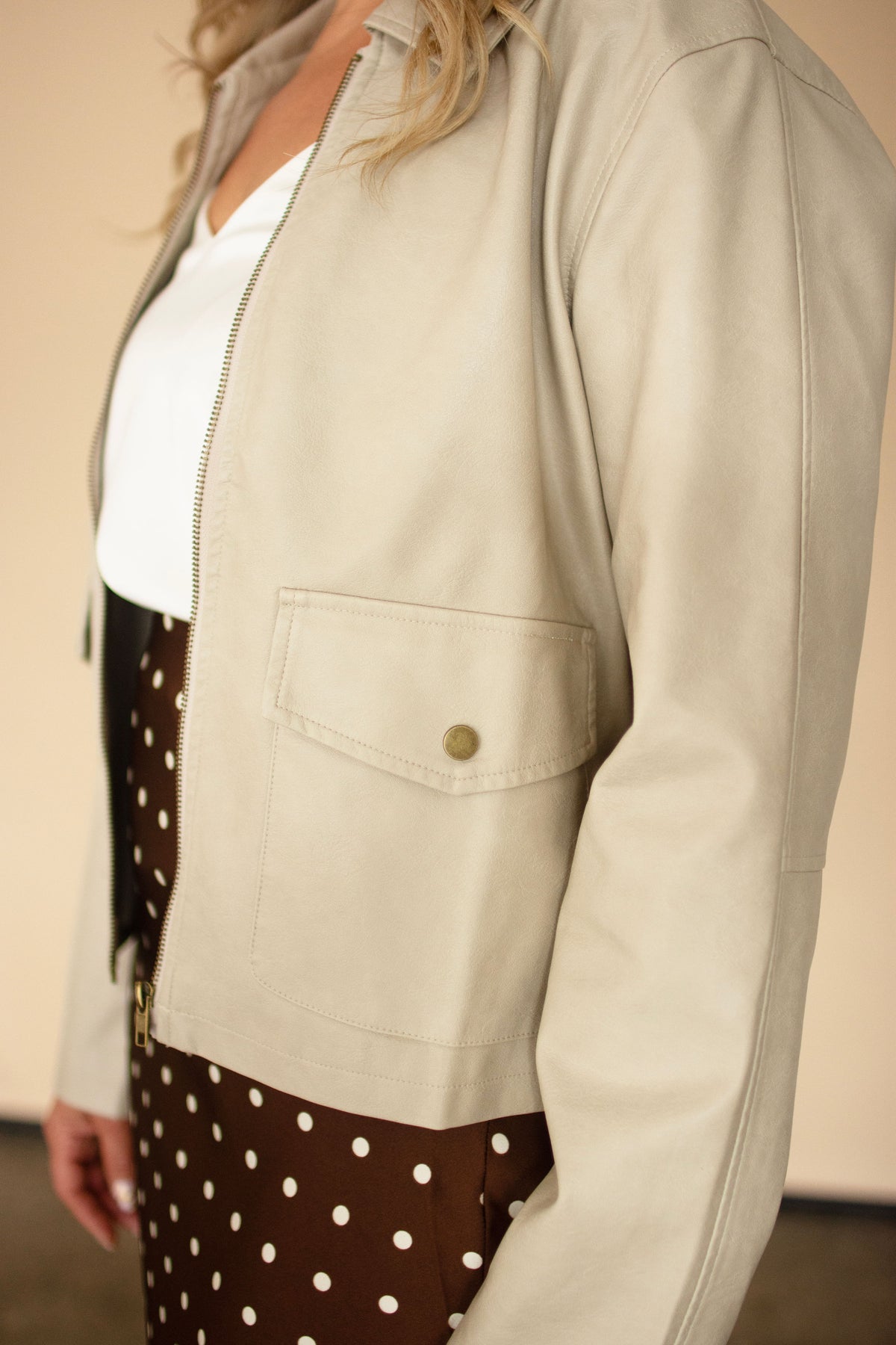 Ecru Faux Leather Utility Jacket