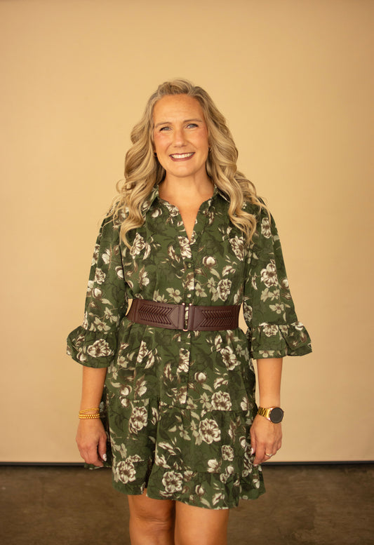 Dark Green Floral Print Dress w/Ruffle Hem