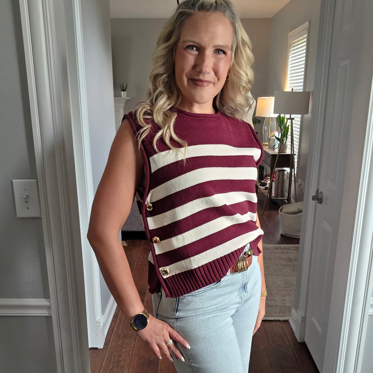 Wine Striped Sleeveless Knit Top