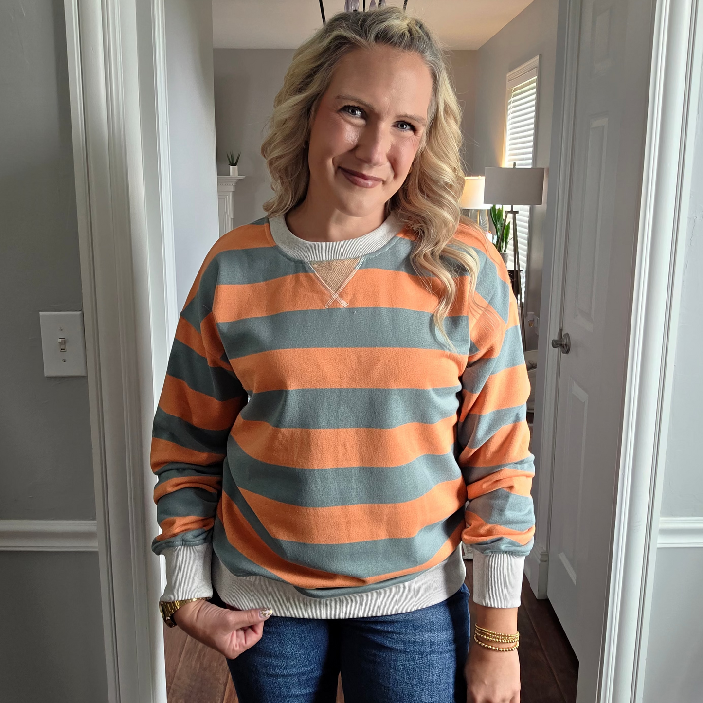 Pumpkin & Sage Striped Terrycloth Oversized Sweatshirt