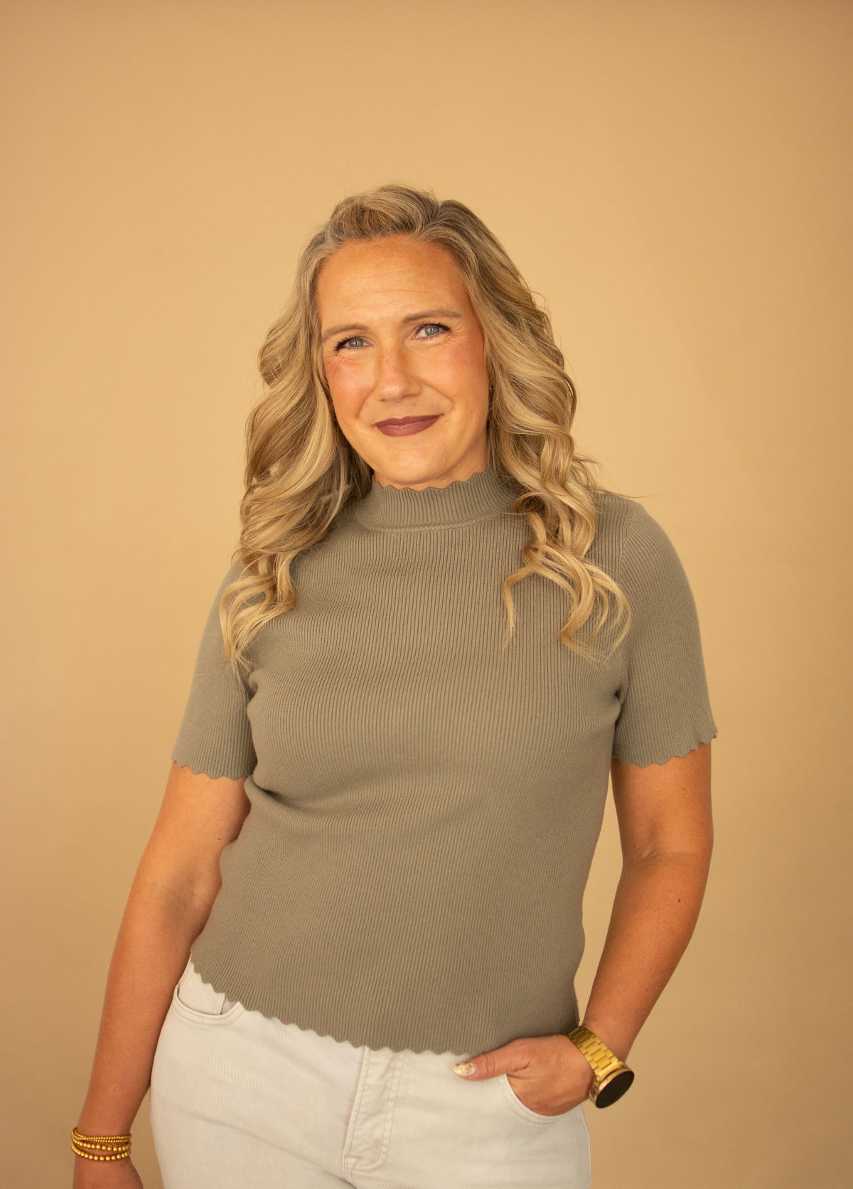 Olive Mock Neck Scallop Edge Knit Top