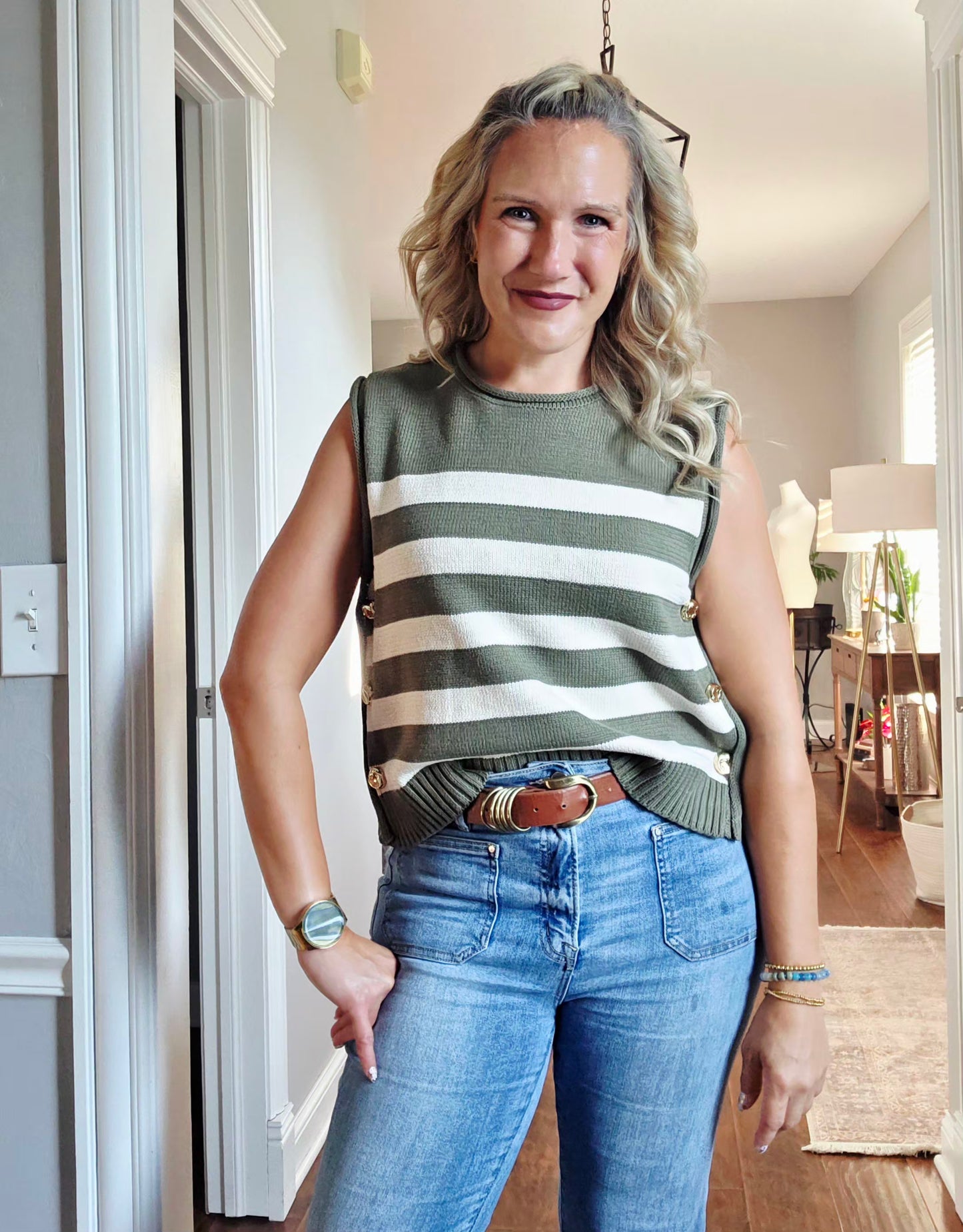 Olive Striped Sleeveless Knit Top