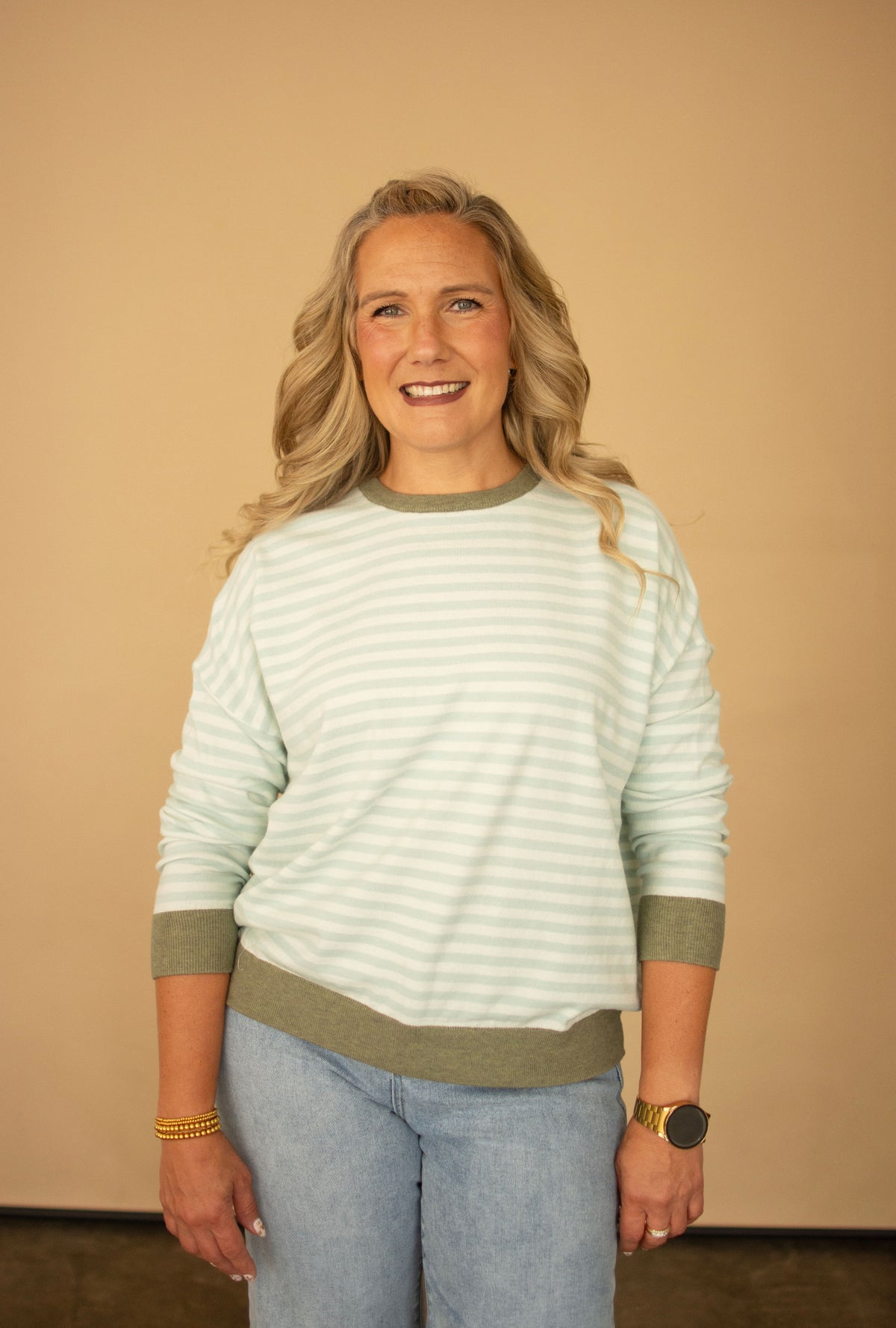 Soft Aqua Striped Sweater w/ Olive Contrast Accents