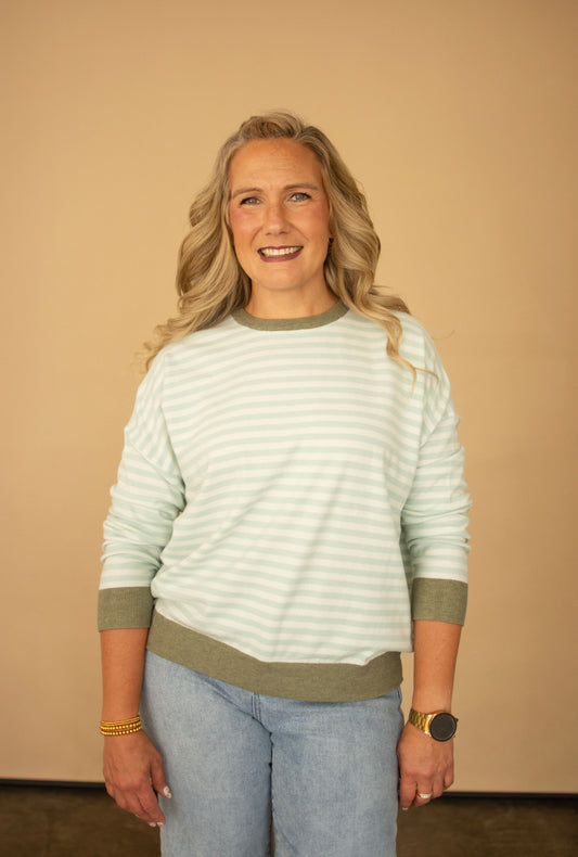 Soft Aqua Striped Sweater w/ Olive Contrast Accents