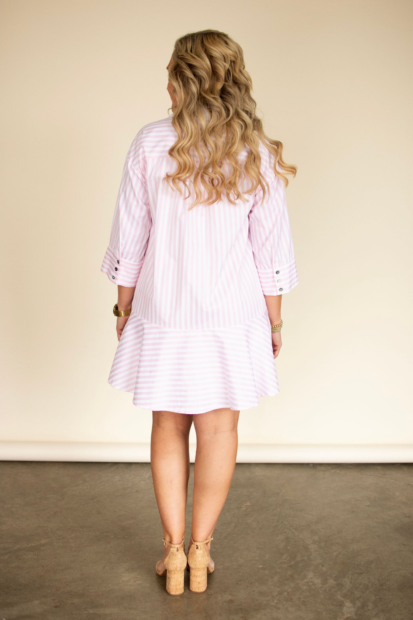 Pink Pinstriped Button-Down Ruffle Hem Dress