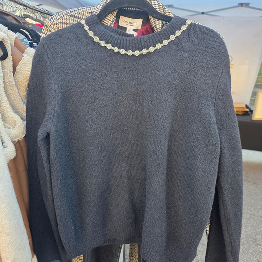 Black Jeweled Neck Sweater