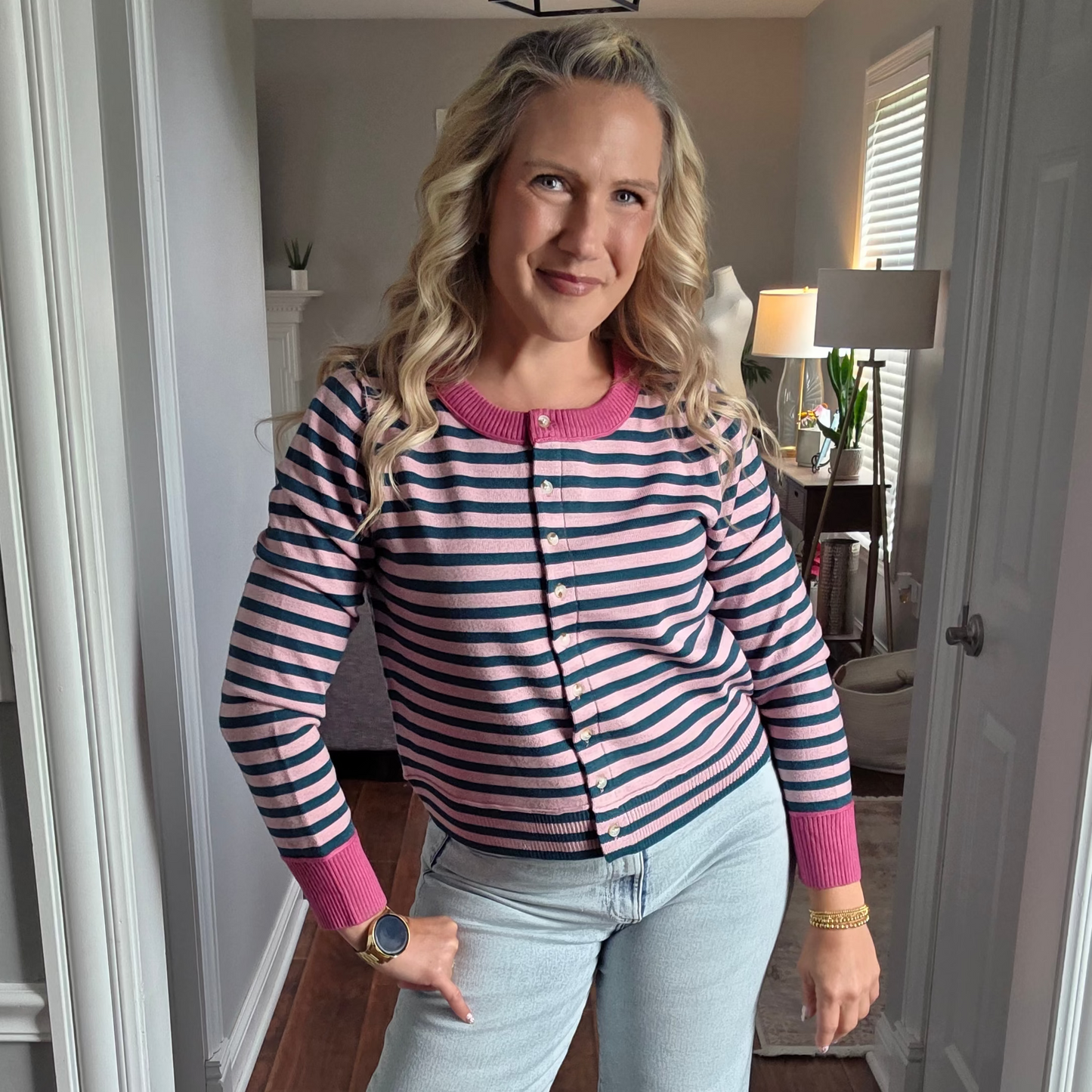 Mauve & Forest Green Striped Cardigan