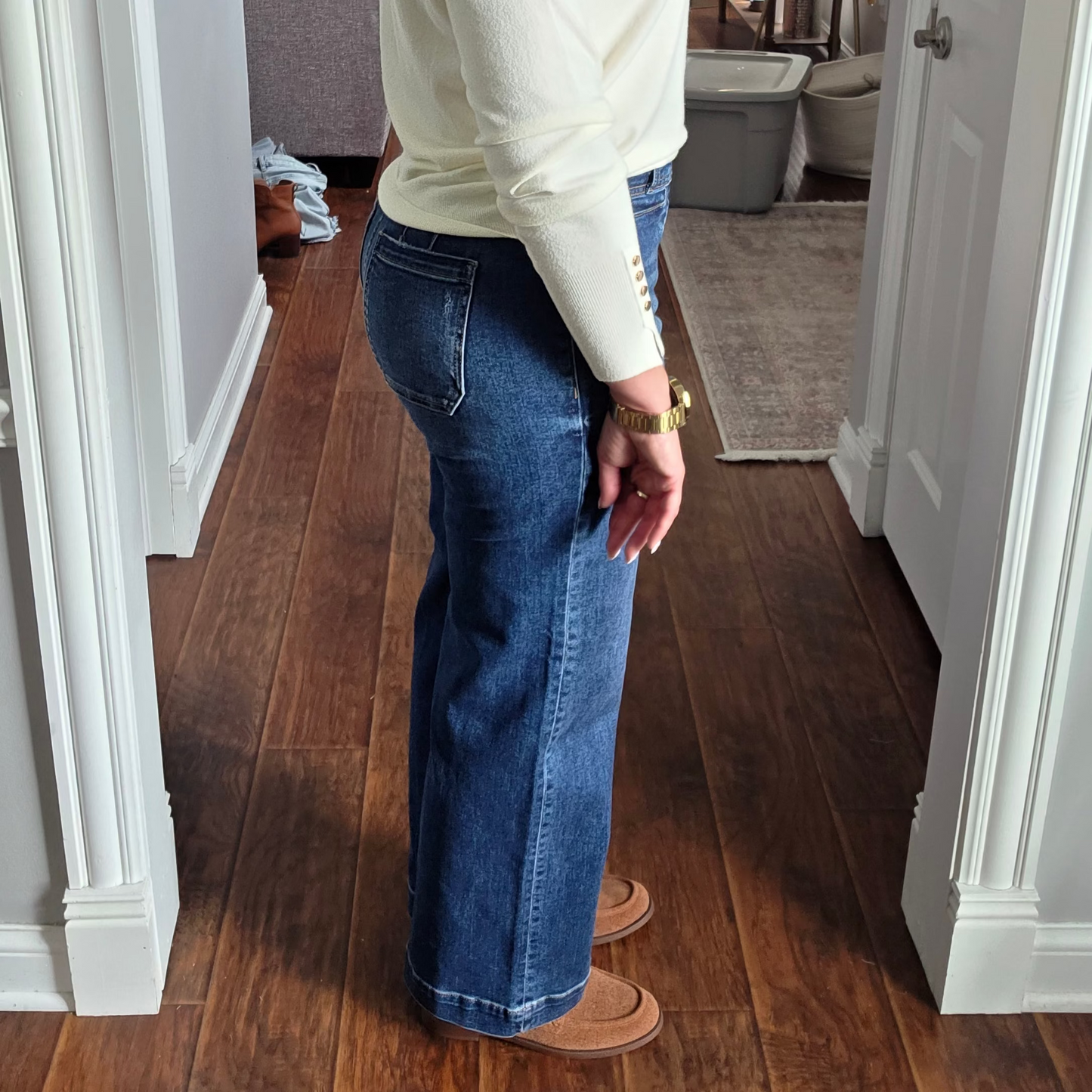 RISEN Dark High Rise Relaxed Straight Leg Ankle Length Jeans w/ Front Welt Pocket