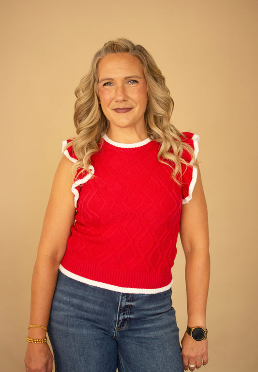 Red Ruffle Sleeve Cable Knit Sleeveless Top