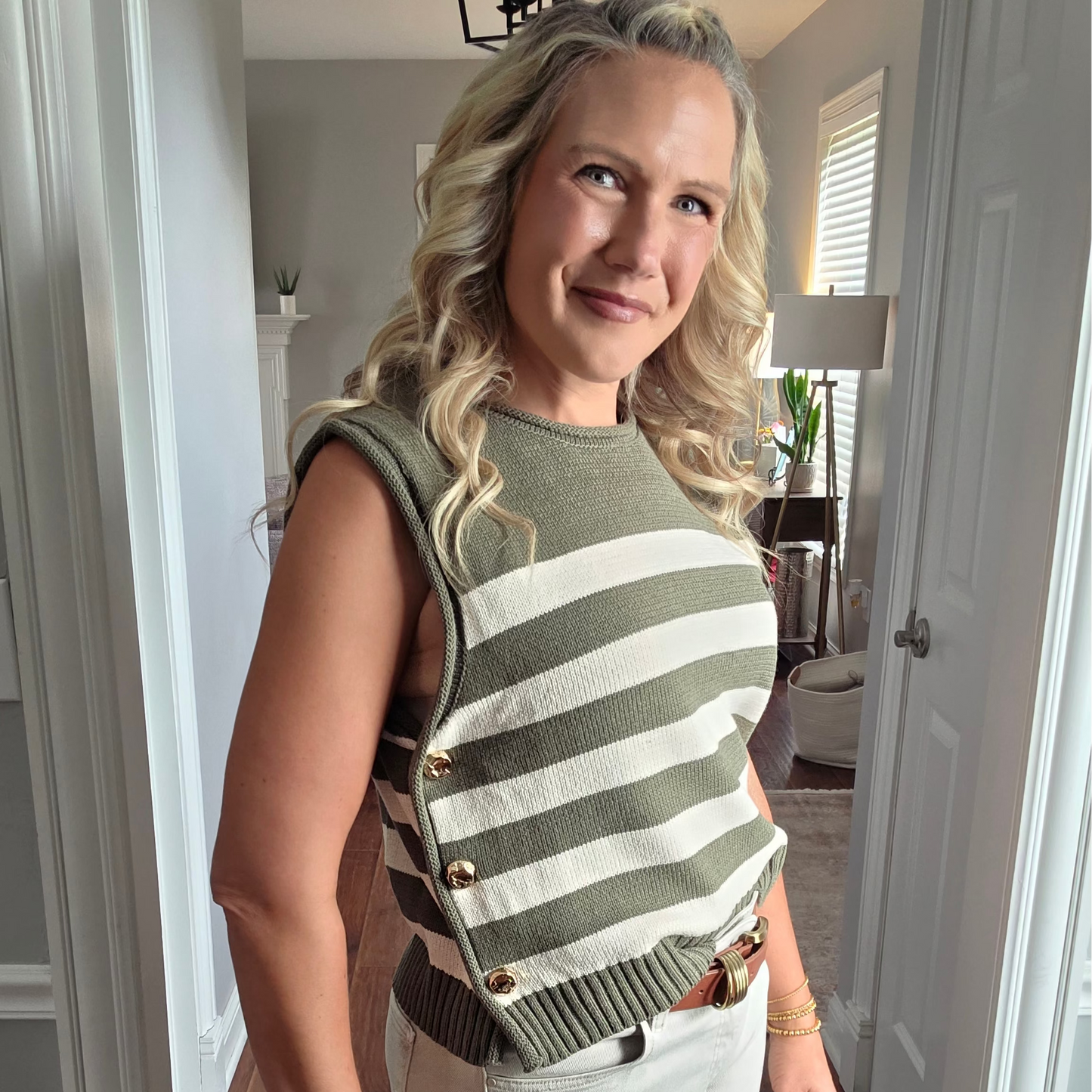 Olive Striped Sleeveless Knit Top