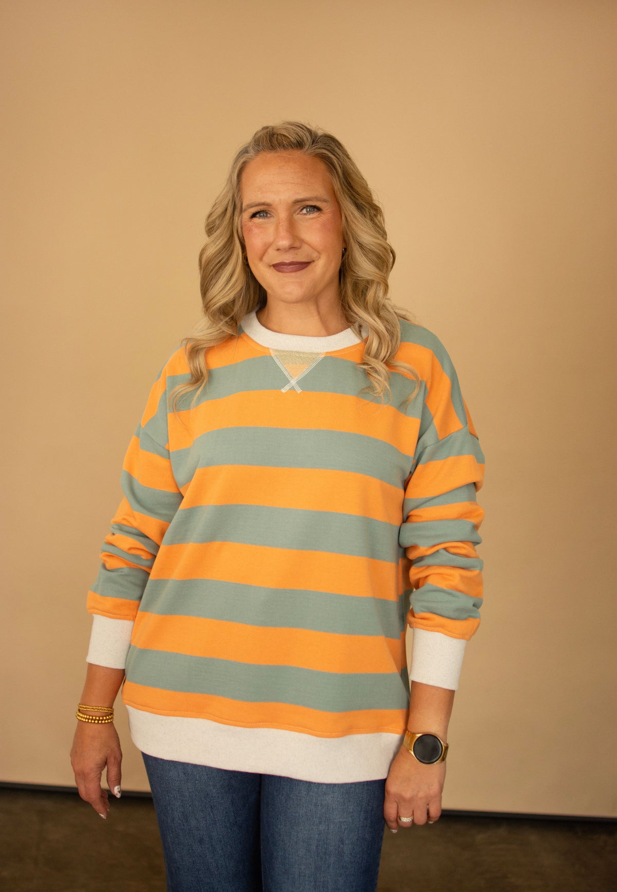 Pumpkin & Sage Striped Terrycloth Oversized Sweatshirt