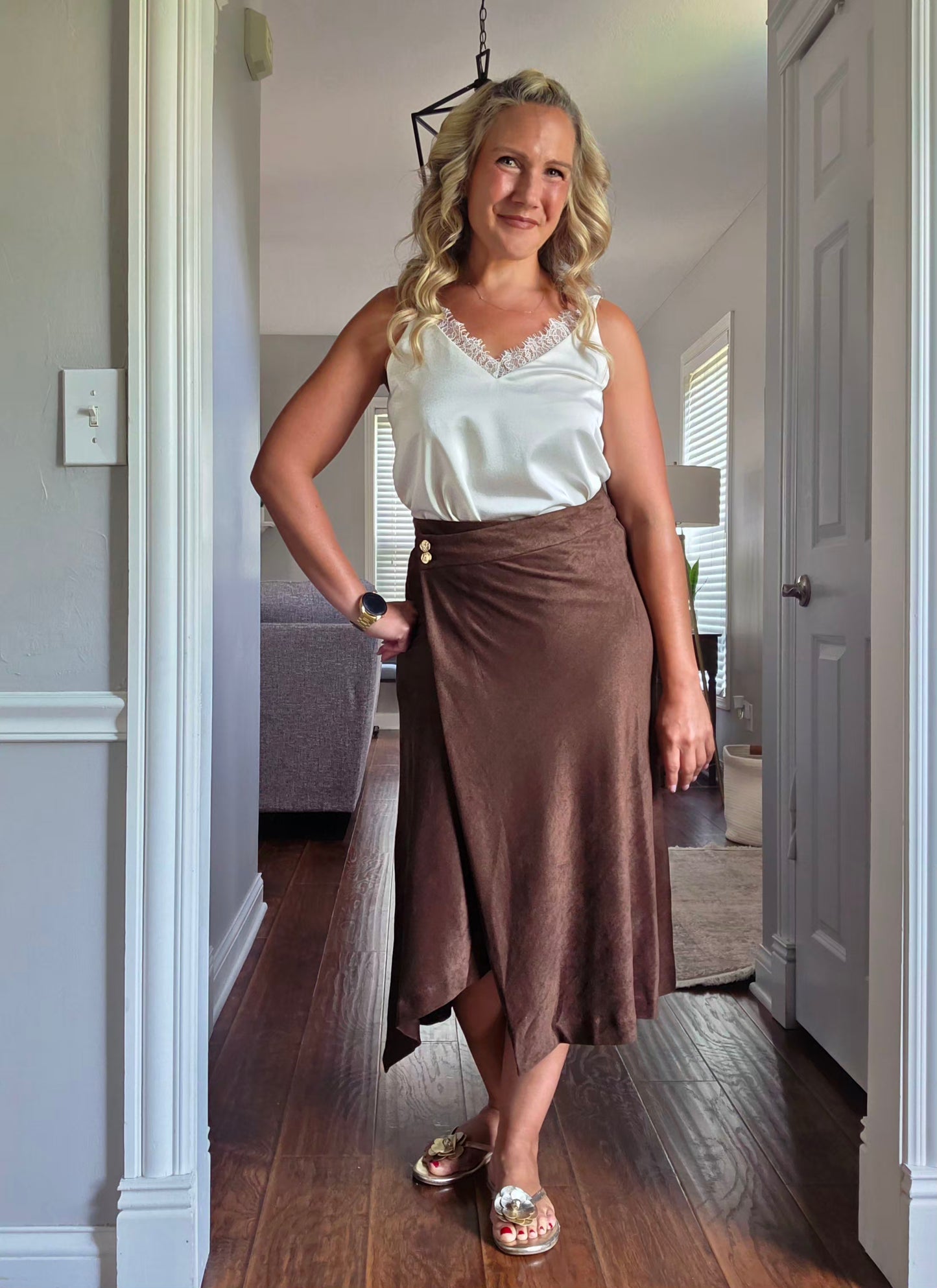 Chocolate Brown Suede Asymmetrical Wrap Skirt