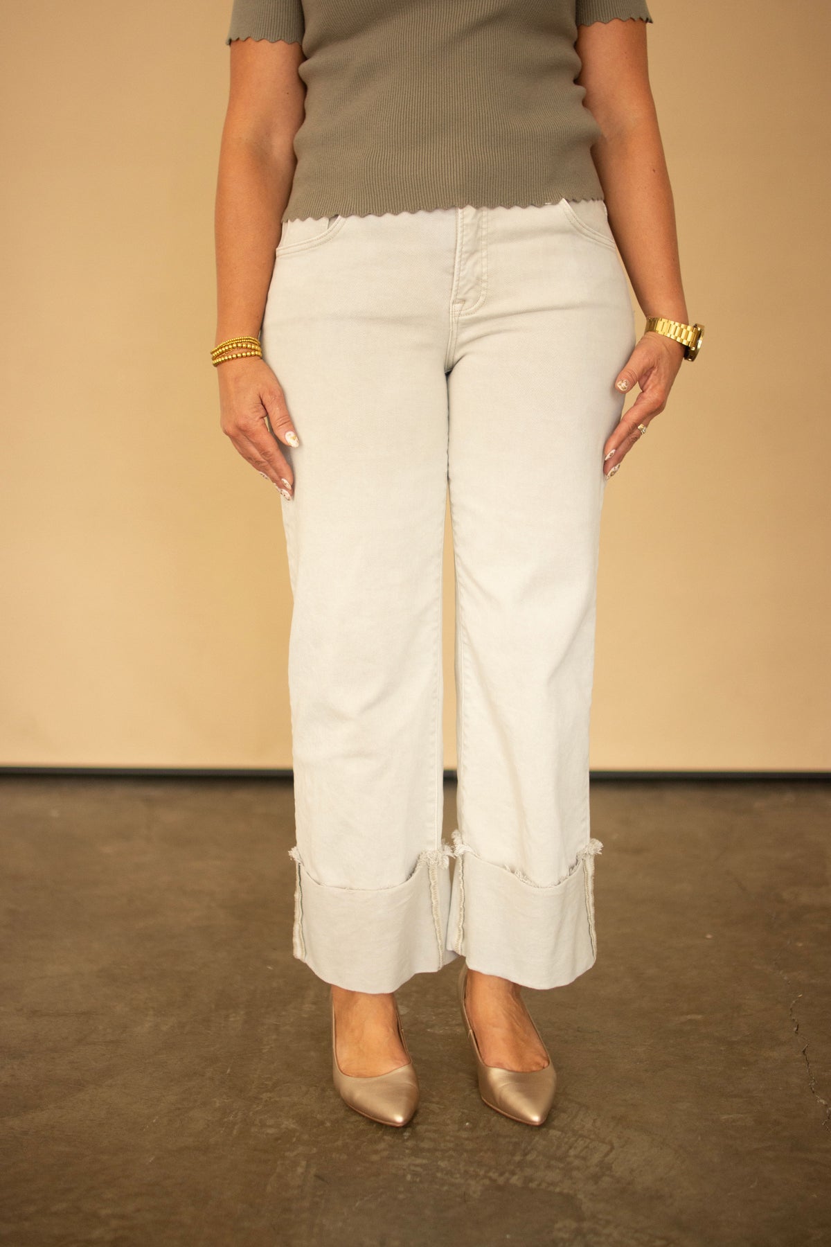 RISEN Almond Tummy Control Mid Rise Wide Leg Cuffed Ankle Length Jeans