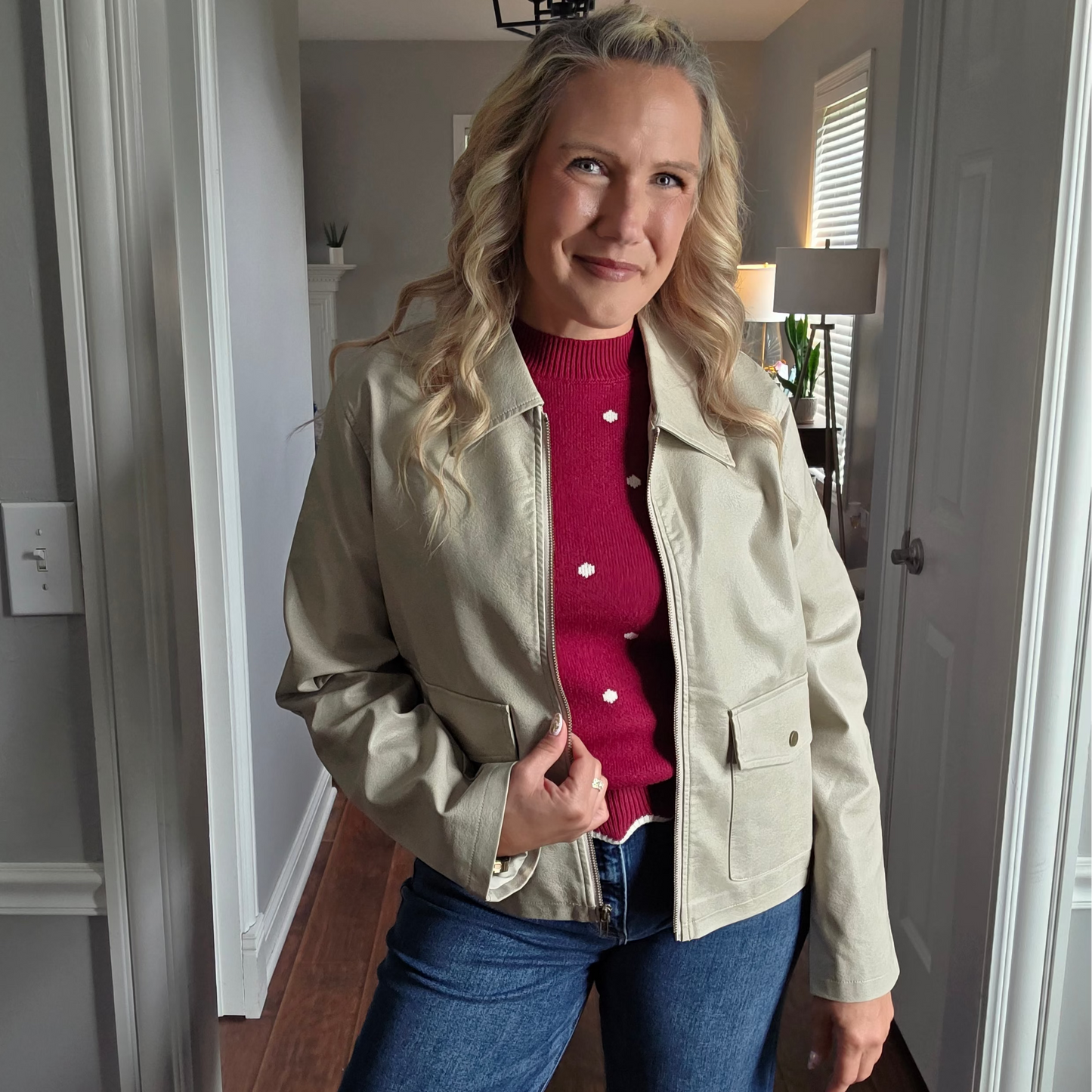Ecru Faux Leather Utility Jacket