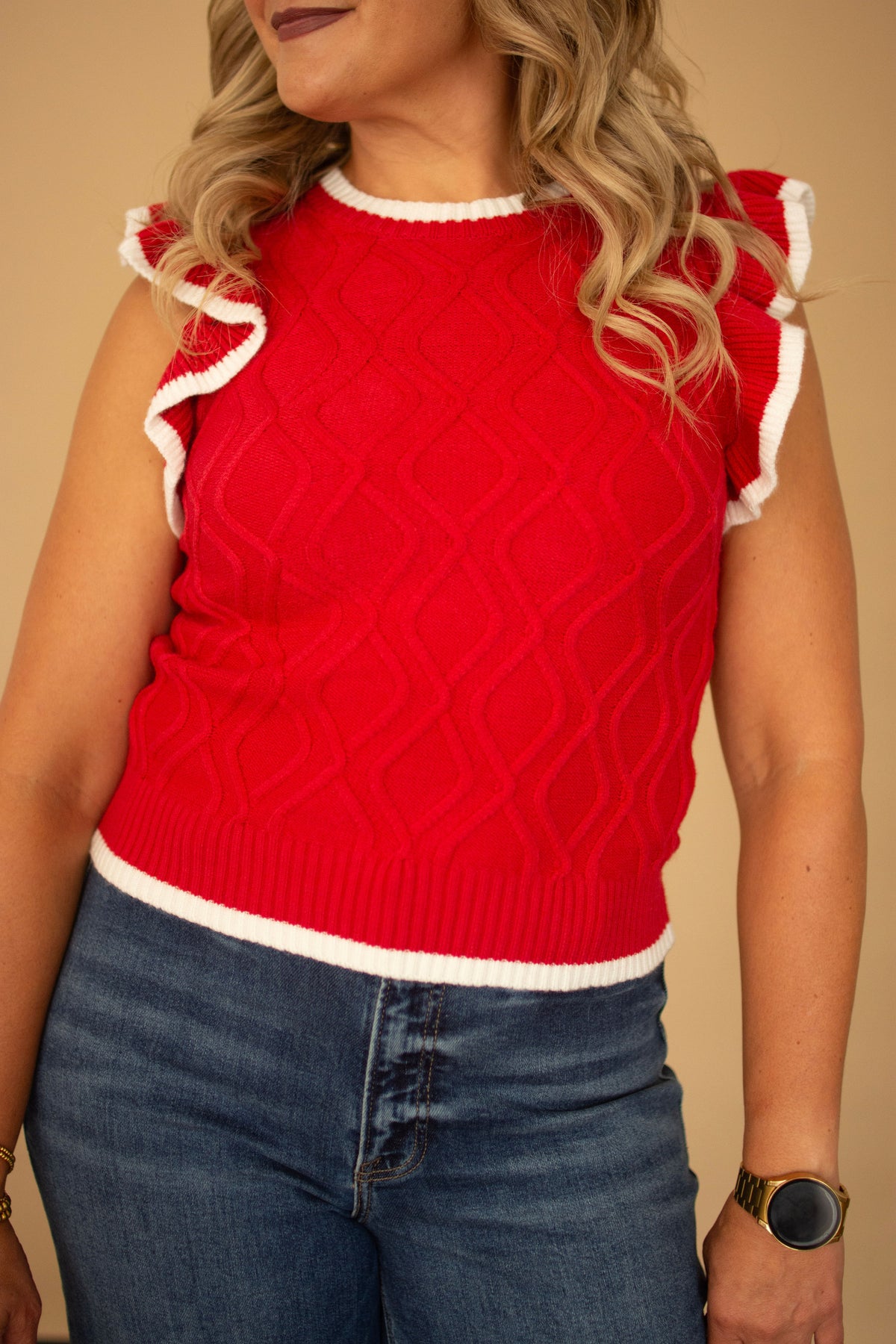 Red Ruffle Sleeve Cable Knit Sleeveless Top