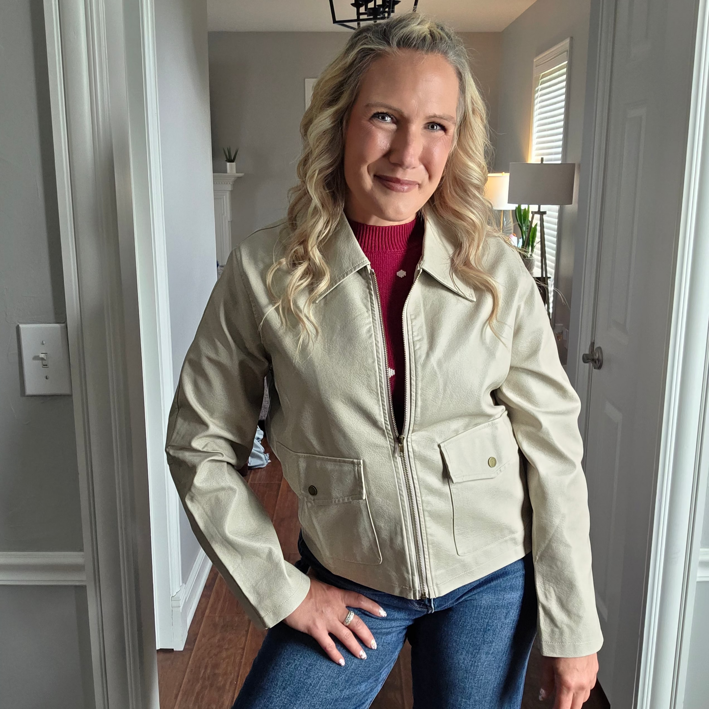 Ecru Faux Leather Utility Jacket