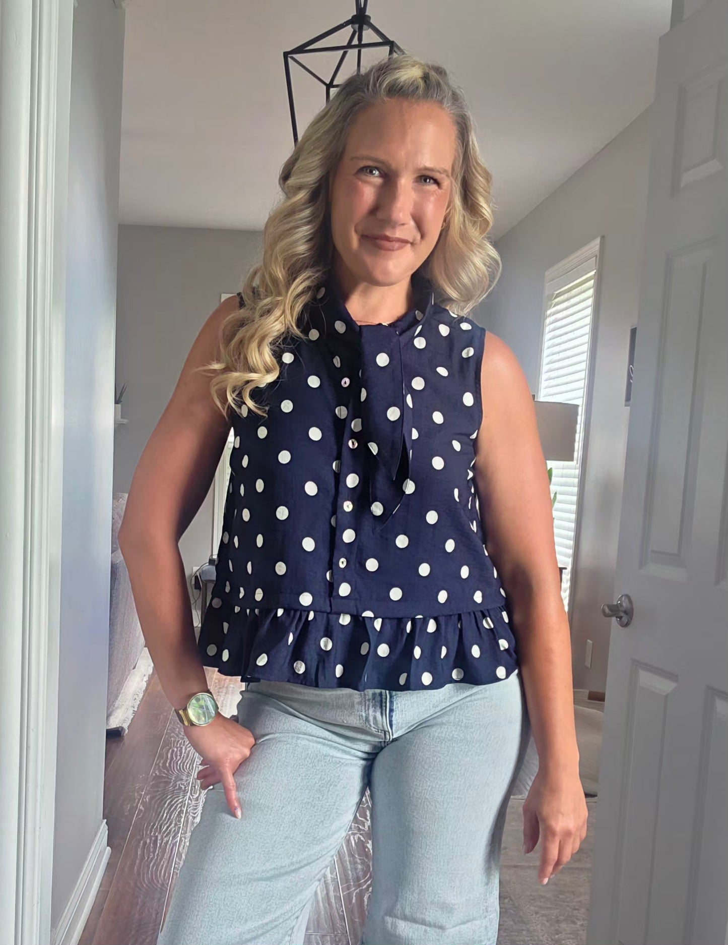 Sleeveless Navy Polka Dot Button Down Top