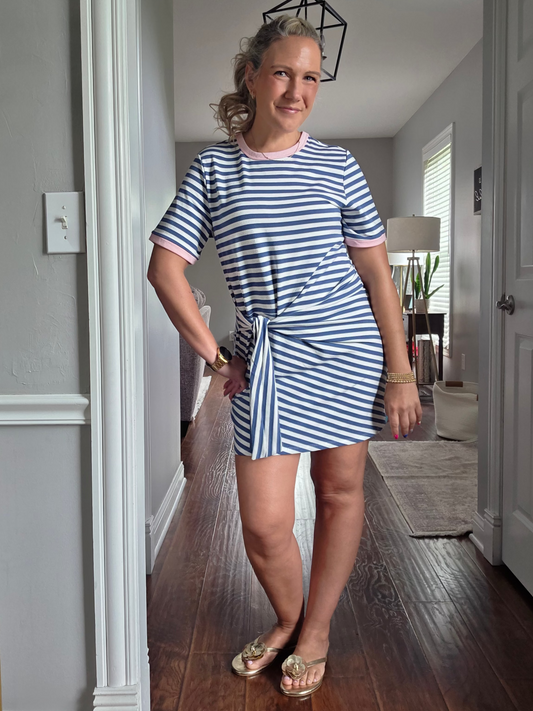 Coastal Blue Striped Tie Waist Dress w/ Pink Accents