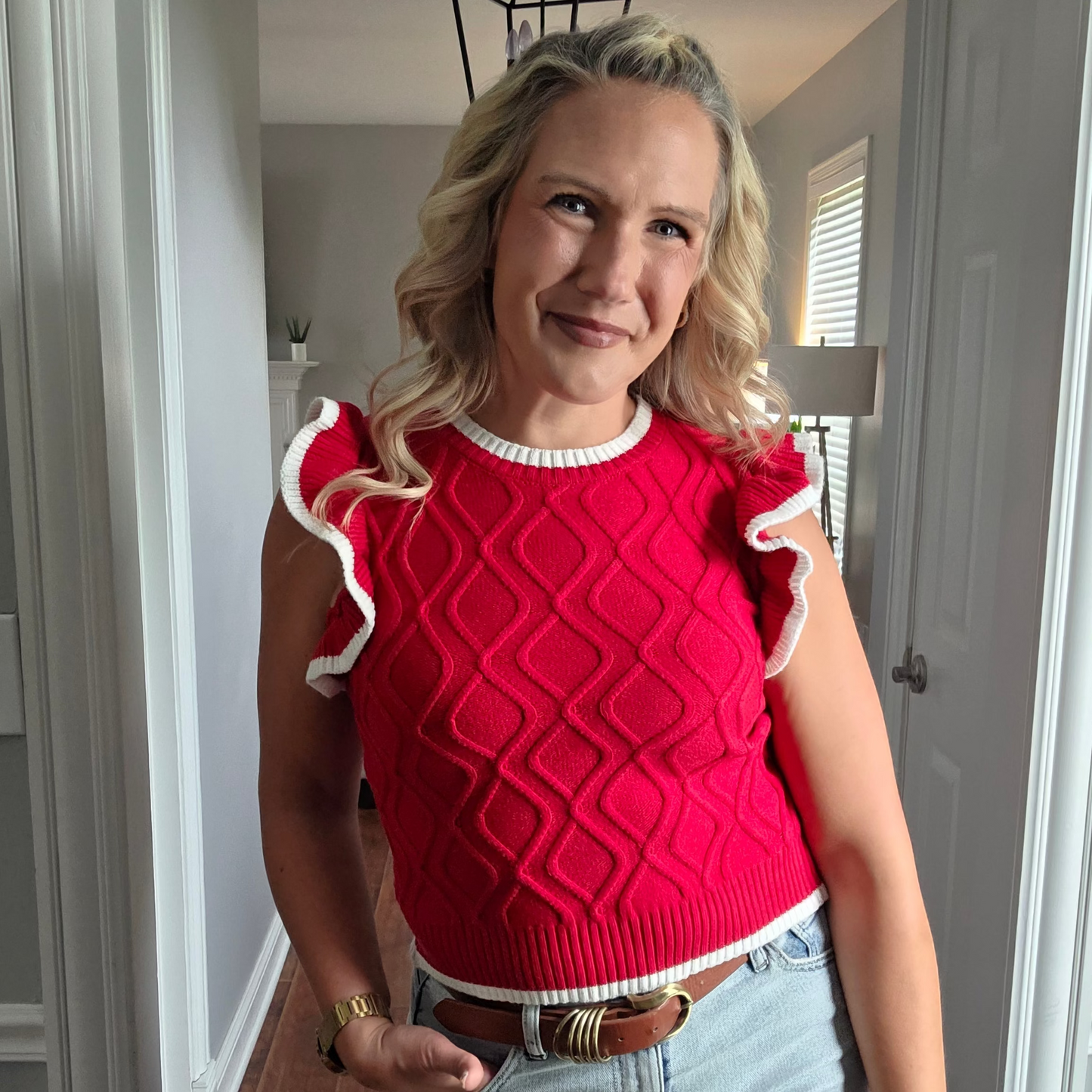 Red Ruffle Sleeve Cable Knit Sleeveless Top