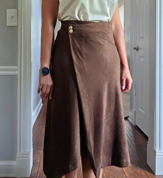 Chocolate Brown Suede Asymmetrical Wrap Skirt