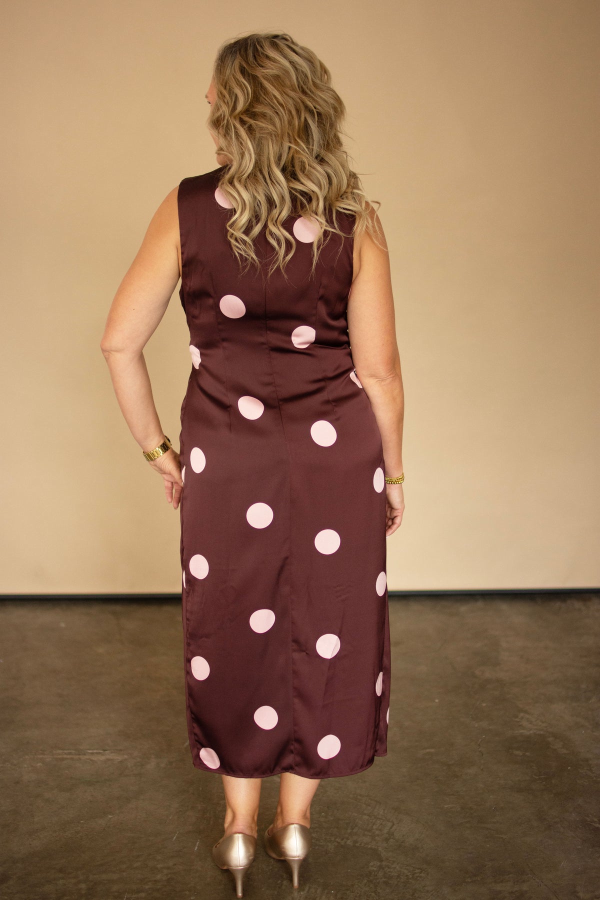 Burgundy Sleeveless Dress w/ Pink Polka Dots