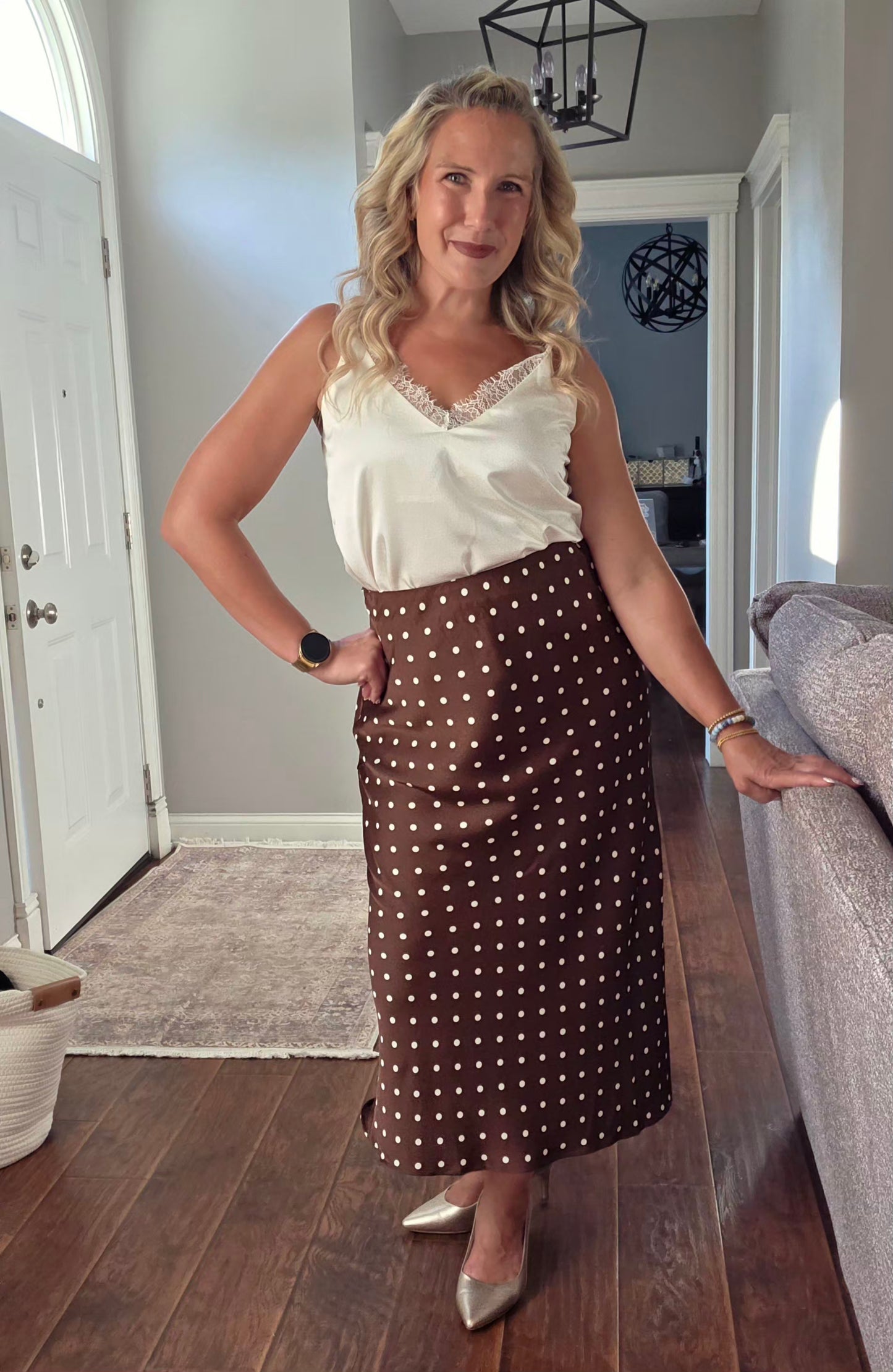Brown Midi Skirt w/ Polka Dots