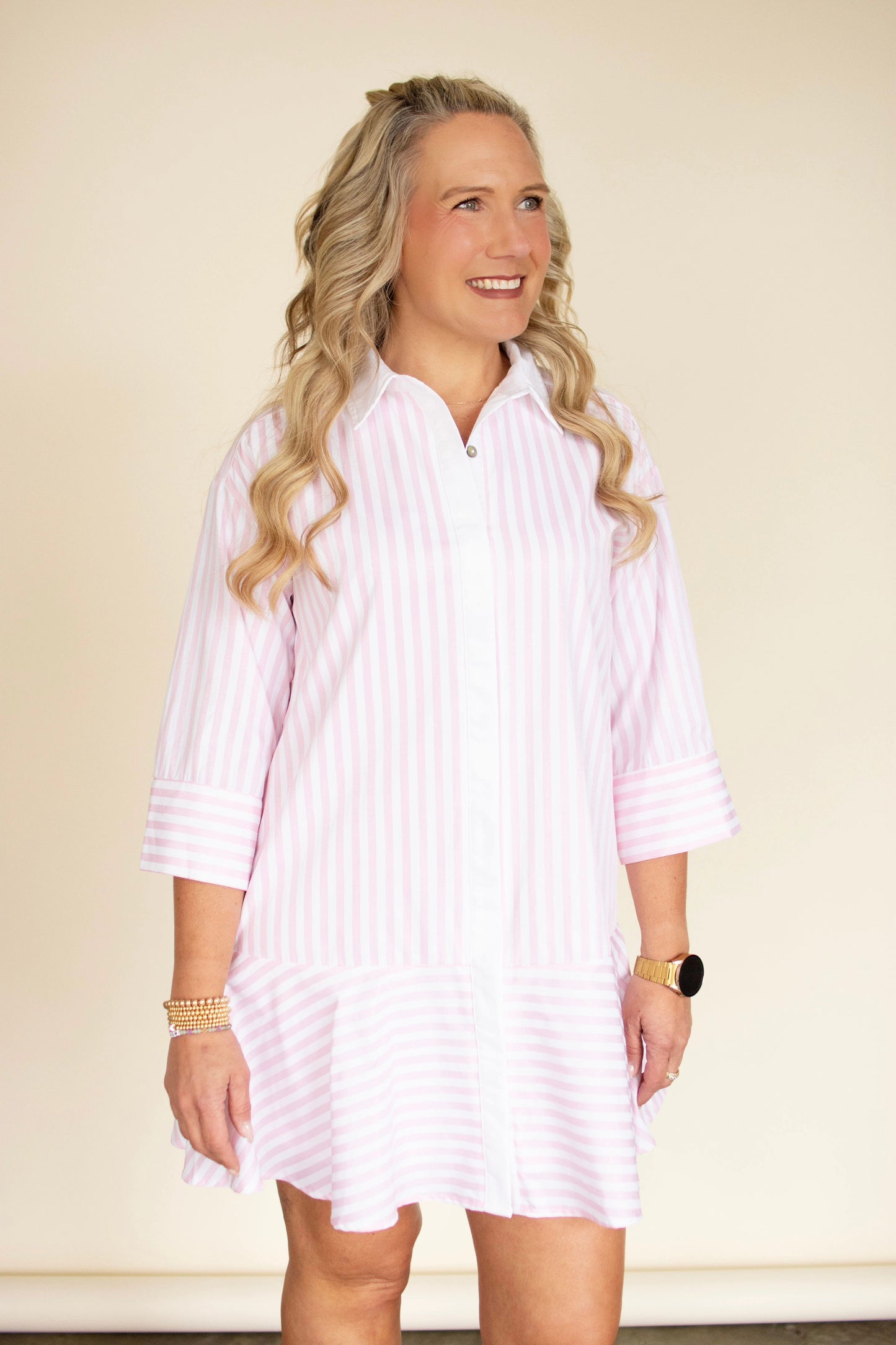 Pink Pinstriped Button-Down Ruffle Hem Dress