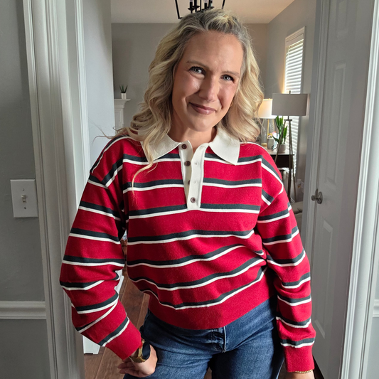 Red Rugby Knit Top w/Dark Green Stripes