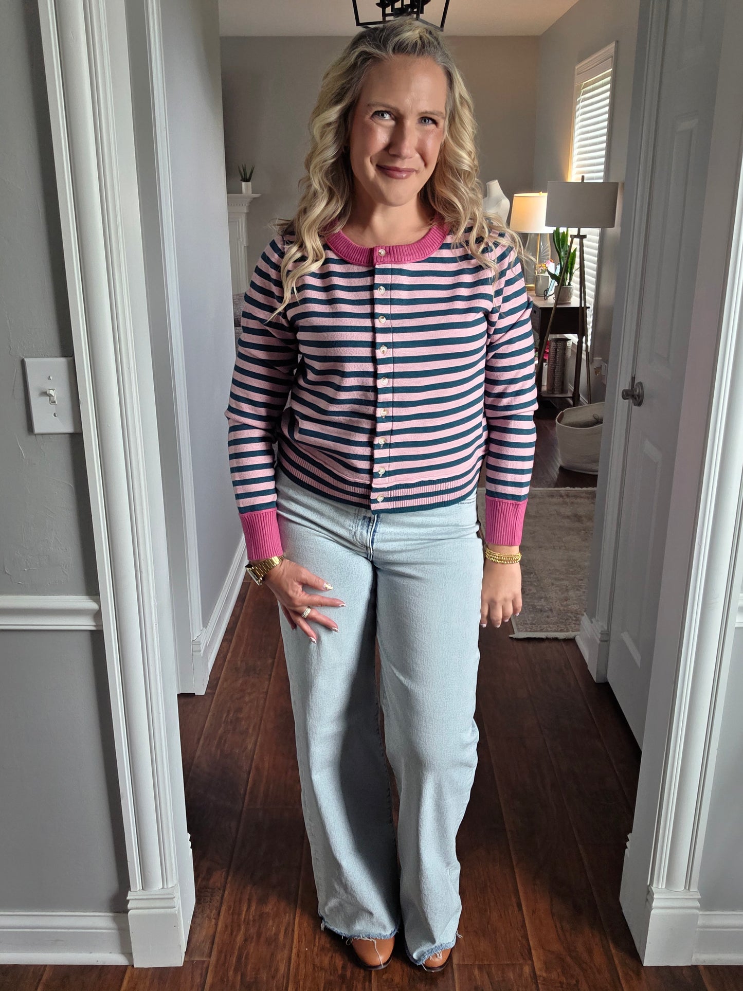 Mauve & Forest Green Striped Cardigan