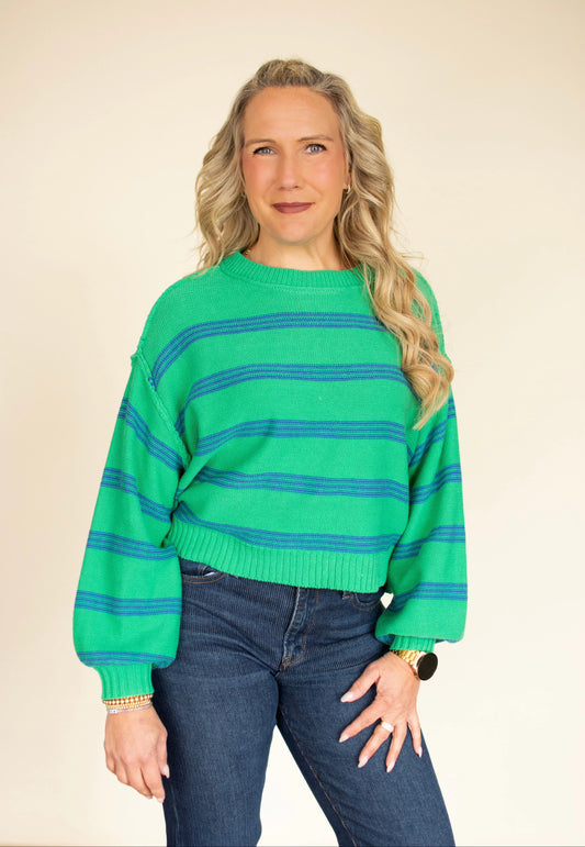Kelly Green Lightweight Sweater w/ Navy Stripes