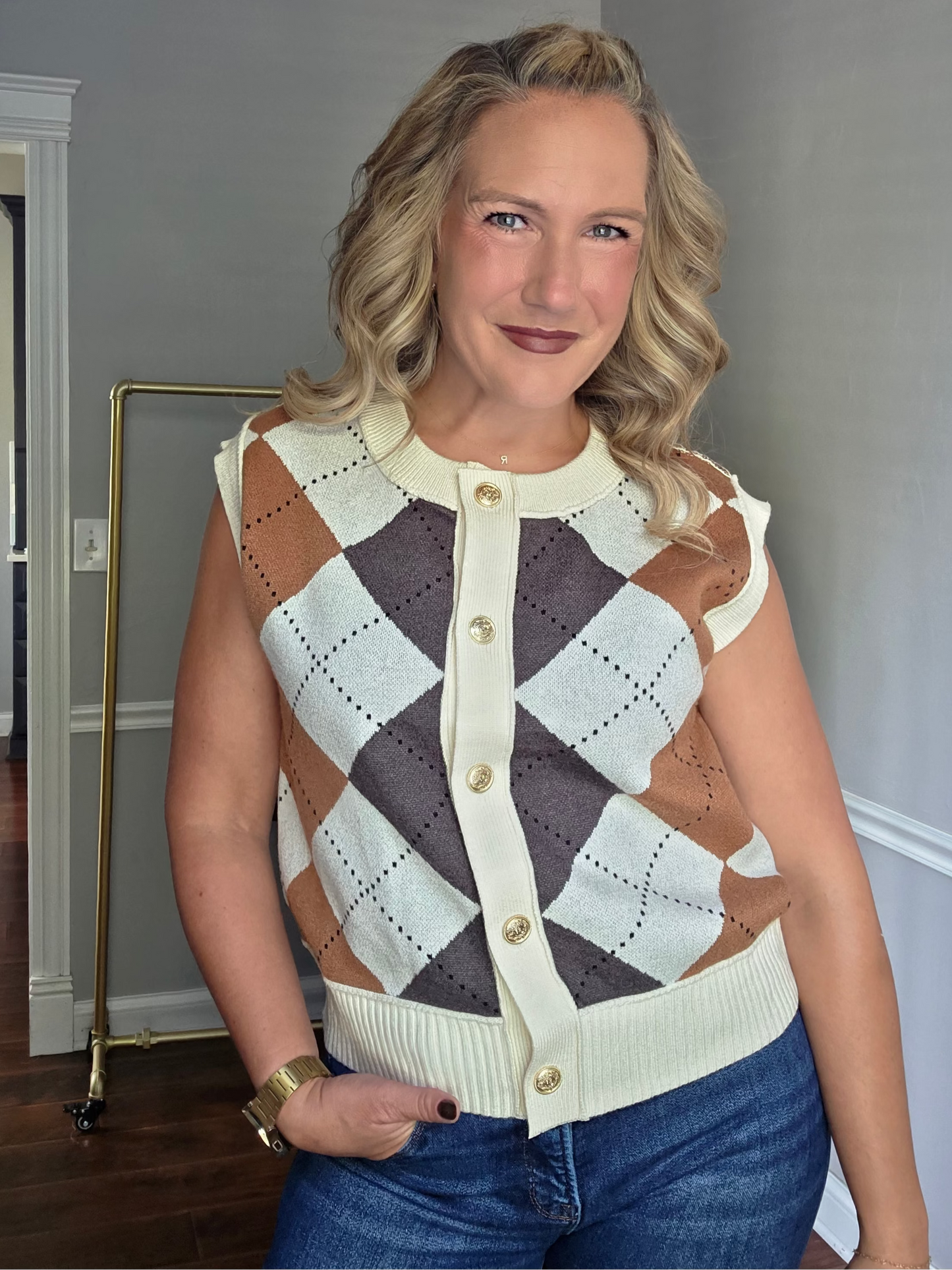Cream Argyle Sweater Vest