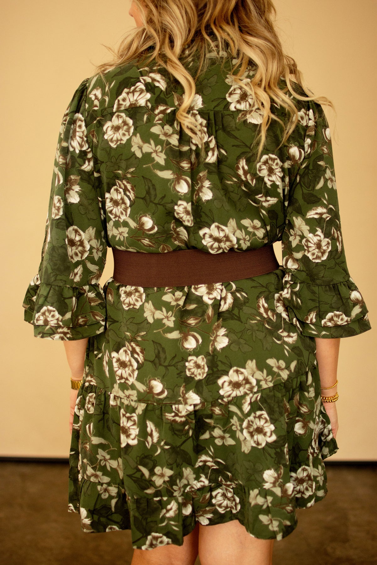 Dark Green Floral Print Dress w/Ruffle Hem