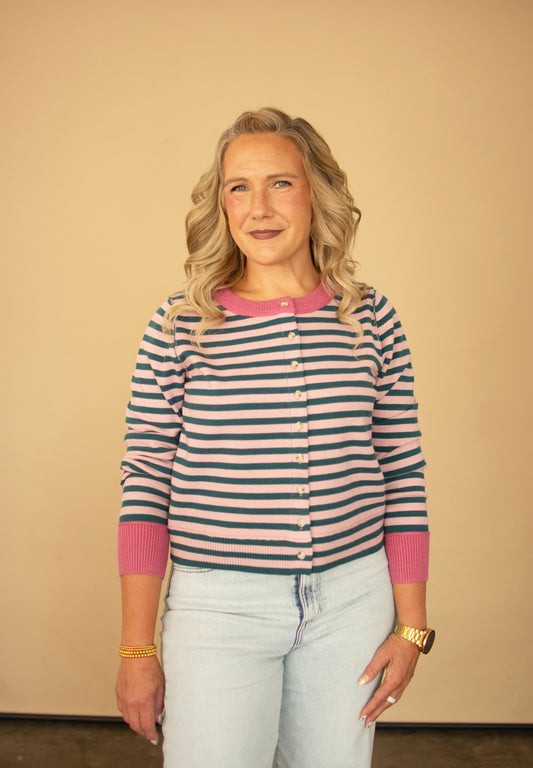 Mauve & Forest Green Striped Cardigan