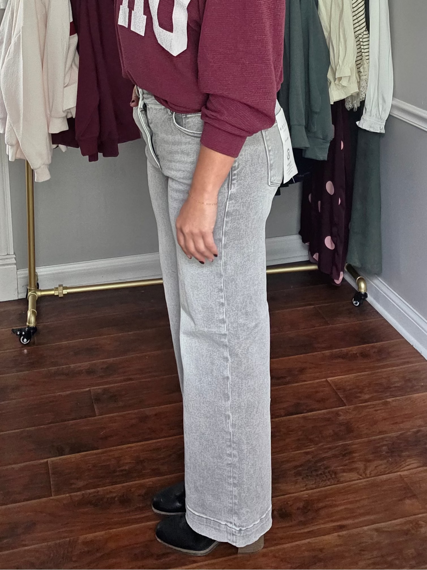 Grey RISEN High Rise Tummy Control Wide Leg Jeans