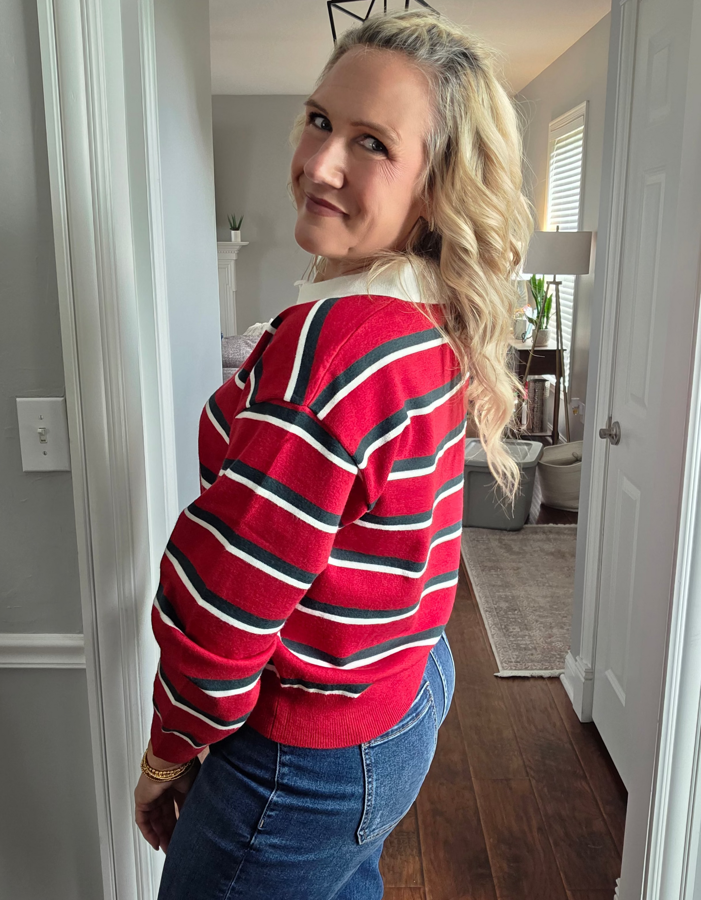 Red Rugby Knit Top w/Dark Green Stripes